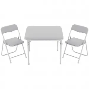Boys and Girls Folding Table and Chairs Set of 3, Portable Table and Chair with Pu Soft Cushion, No Installation Required, Suitable for Eating, Reading and Playing, Grey