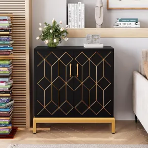 Modern Black Buffet Cabinet with Storage - Adjustable Shelves, Hand-Painted Gold Lines, Metal Material, Waterproof, Scratch-Proof, Suitable for Kitchen, Office, Dining Room