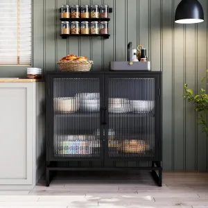 Buffet Cabinet with Glass Doors, Adjustable Shelves, Metal Frame, Tempered Glass, Freestanding Storage, Kitchen, Living Room, Dining Room