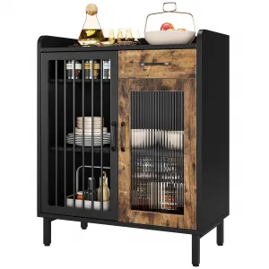 Modern Buffet Sideboard, Kitchen Storage Cabinet with Shelves and Glass Doors, Metal Buffet Cabinet with Drawers, Coffee Bar, Floor Cabinet Cupboard for Dining Room, Black