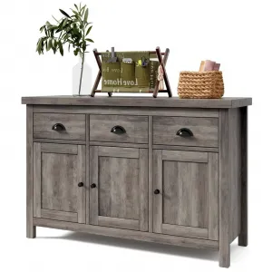Kitchen Cabinet Sideboard with Storage, 3 Drawers, 3 Doors, Farmhouse Design, Retro Handle, Adjustable Shelves, Grey Wash