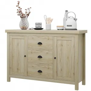 Storage Cabinet, Sideboard, Buffet Doors Wood Sideboard with 3 Drawers and 2 Doors, Farmhouse Coffee Bar Cabinet with Retro Cabinet Handles, Adjustable Shelf for Living Room, Dining Room, Birch