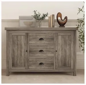 Storage Cabinet, Sideboard, Buffet Doors Wood Sideboard with 3 Drawers, Farmhouse Coffee Bar Cabinet with Retro Cabinet Handles, Adjustable Shelf for Living Room, Dining Room, Oak