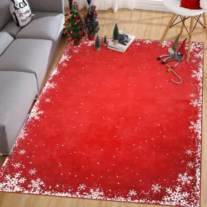 5x7 Rug for Living Room Carpet Christmas Rug Snowflake Washable Rugs for Bedroom Aesthetic Throw Rugs with Rubber Backing Non Slip Area Rug for Classroom Christmas Room Decor, Red 5'x7'