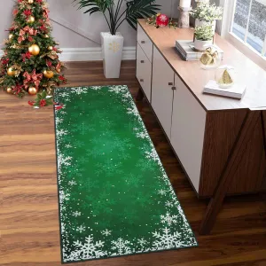 Christmas Runner Rug 2x6 Hallway Rug Snowflake Xmas Runner Kitchen Rug Washable Rug Non Slip Bath Mat Holiday Decor Distressed Modern Abstract Soft Carpet for Bedroom Laundry 2'x6' Green