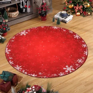 Christmas Round Rug 4x4ft Washable Round Rug Christmas Decor Circle Rug Washable Throw Floor Cover Xmas Decorative Round Area Rug Snowflake Rug Non-Slip Festival Carpet for Living Room Bedroom