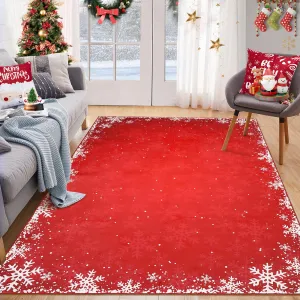 Christmas Area Rug 8x10 Washable Living Room Rug Snowflake Area Rugs Christmas Large Decorative Rug Xmas Throw Carpet Washable Non Slip Holiday Rug forBedroom Living Room Farmhouse Room,Red