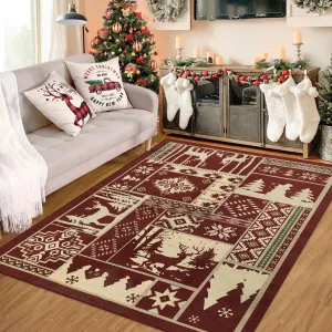 Rustic Area Rug Christmas Decorative Area Rug Buffalo Elk Indoor Throw Rug Xmas Area Rug Non-Slip Indoor Welcome Area Rug Washable Rug for Bedroom Living Room Kitchen Nursery, Red 3' x 5'