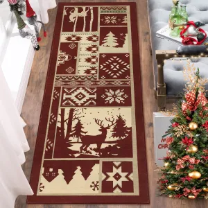 Kitchen Runner Rug Rustic Area Rug Christmas Decorative Runner Rug Long Hallway Runner Rug Indoor Entryway Runner Non-Slip Washable Rug for Bedroom Living Room Kitchen Nursery, Red 2' x 6'