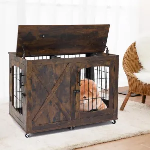 Furniture Dog Crate End Table, 39" Wooden Dog Kennels with 4 Doors,Sliding Barn Door with Divider, Dog House Indoor with Wheels