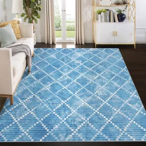 9x12 Area Rug Machine Washable Rug Modern Geometric Rug Indoor Floor Cover Diamond Distressed Carpet Rug Stain Resistant Foldable Accent Rug for Living Room Bedroom Dining Room, Blue