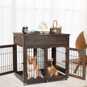 Dog Crate Furniture with 2 Drawers, Wooden Dog Kennel End Table with Divider and Removable Tray, Double Rooms Dog Cage for 2 Dogs, Brown