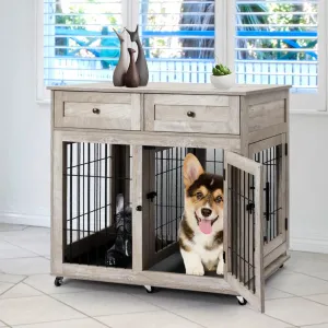 Double Room Wooden Dog Cage with Divider and Tray