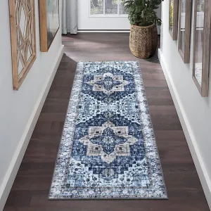 Runner Rug 2x6 Feet Washable Vintage Medallion Hallway Runner, Non-Slip Stain Resistant Area Rug Traditional Distressed Kitchen Mat Entryway Carpet Runner for Doorway Bedside, Blue