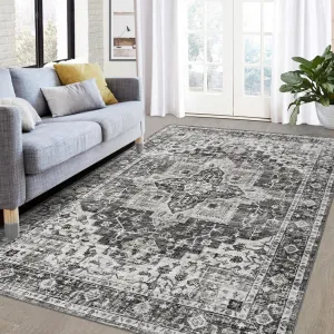 8x10 Area Rug Vintage Distressed Machine Washable Area Rug for Living Room Bedroom Traditional Medallion Non-Slip Stain Resistant Accent Rug Carpet for Home Decor Floor Decoration, Grey
