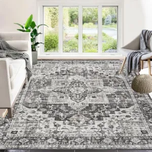Machine Washable Area Rug 5x7 Vintage Distressed Area Rug for Living Room Bedroom Traditional Medallion Non-Slip Stain Resistant Accent Rug Carpet for Home Decor Floor Decoration, Grey