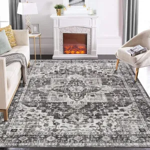 9x12 Area Rug Large Vintage Distressed Machine Washable Area Rug for Living Room Traditional Medallion Non-Slip Stain Resistant Accent Rug Carpet for Home Decor Floor Decoration, Grey