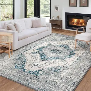 Washable Floral 8x10 Area Rug Boho Vintage Design Faux Wool Non-Slip Backing for Living Room, Bedroom, Kitchen