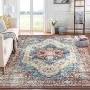Large Area Rug 9x12 Vintage Living Room Rug Non Slip Non Shedding Indoor Carpet Low Pile Throw Rug Oriental Indoor Office Floor Carpet for Dining Room, Rust, 9’x12’
