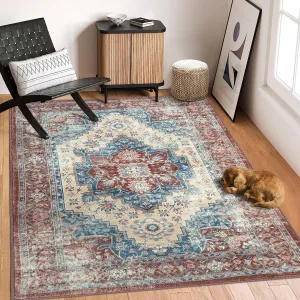 Bohemian Washable Area Rug 5x7 Oriental Rug Medallion Rugs Vintage Living Room Rug,Large Rug Non-Slip Bohemian Printed Non-Shedding Carpet for Dining Room Dorm,Red 5x7