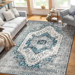 Washable Area Rug 9x12 Boho Large Living Room Rug Indoor Rugs Soft Oriental Vintage Rugs Non-Slip Backing Stain-Resistant Rug for Farmhouse Nursery,Blue 9x12