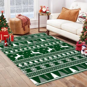 Christmas Area Rug 4x6 Rug Washable Rug Xmas Tree Deer Holiday Decor Modern Small Rug Artistic Entryway Rug Non Slip Carpet Soft Low Pile Accent Rugs for Nursery Living Room 4'x6' Green