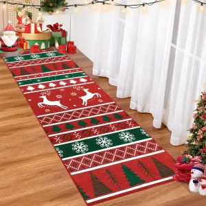 Christmas Rug Runner 2x6 Non-Slip Area Rug - Christmas Tree & Snowflake Design, Polyester, Washable, Child & Pet Friendly, Indoor Use