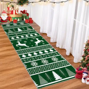 Christmas Runner Rug 2x8 Green Hallway Rug Xmas Runner Kitchen Rug Washable Rug Non Slip Carpet Holiday Decor Deer & Tree Soft Rug for Bedroom Bathroom Laundry Living Room