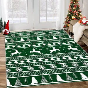 Washable Rug 9x12 Area Rug for Bedroom Modern Christmas Rug Deer Tree Snowflake Rugs for Living Room Non Slip Carpet Soft Stain Resistant Large Area Rug for Dining Room Nursery