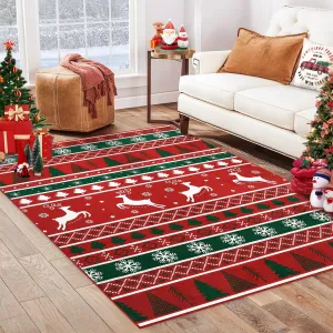 Christmas Area Rug 4x6 - Winter Christmas Tree & Snowflake - Non-Slip, Machine Washable - Polyester - Bedroom, Living Room