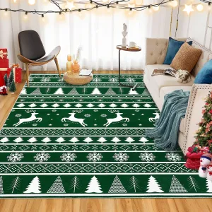 Christmas Area Rug 6x9 Rug for Living Room Machine Washable Rug Modern Deer Snowflake Green Rug for Bedroom Non Slip Carpet Stain Resistant Large Rug for Dining Room Classroom 6'x9' Green