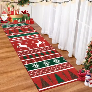 Christmas Runner Rug 2x10 Hallway Rug Xmas Runner Kitchen Rug Bath Mat Washable Rug Non Slip Carpet Low Pile Holiday Decor Deer Snowflake Tree Soft Rug for Bedroom Laundry
