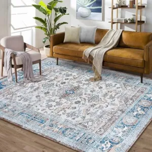 Area Rug 4x6 Vintage Rug Indoor Floor Print Distressed Carpet Foldable Accent Rug Non Slip Lightweight Rug Boho Rug for Living Room Bedroom Dining Room, Boho Beige/Blue, 4’x6’