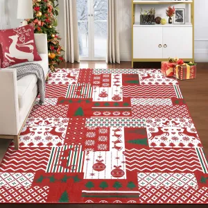 Christmas Area Rug 8x10 Christmas Patchwork Pattern Floor Cover Machine Washable Indoor Carpet Rug Decorative Non Slip Accent Rug for Kitchen Bathroom Living Room Bedroom
