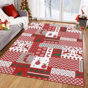 Christmas Area Rug 4x6 Christmas Patchwork Pattern Floor Cover Machine Washable Indoor Carpet Rug Decorative Non Slip Accent Rug for Kitchen Bathroom Living Room Bedroom