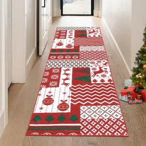 Christmas Runner Rug 2x10  Non-Slip Washable Soft Reindeer Snowflake Holiday Decor for Hallways Kitchen Entryway