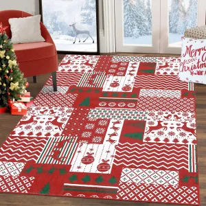 Christmas Area Rug 3x5 Christmas Patchwork Pattern Floor Cover Machine Washable Indoor Carpet Rug Decorative Non Slip Accent Rug for Kitchen Bathroom Living Room Bedroom