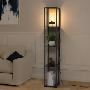 Floor Lamp with Shelves, Modern Square Standing Lamp with Warm White Bulb, Corner Display Bookshelf Lamp for Living Room and Bedroom(Black)