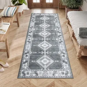 Washable Runner Rug 2x6 Bohemian Farmhouse Rustic Geometric Hallway Rug Low Pile Moroccan Diamond Indoor Carpet for Bathroom Kitchen Bedroom Bedside, Grey