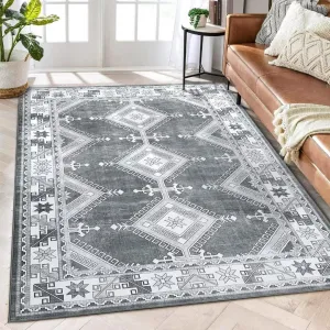 Area Rug 4x6 Moroccan Diamond Area Rug Bohemian Geometric Indoor Area Rug Non-Slip Family & Pet Friendly Carpet Machine Washable for Bedroom Farmhouse Home Office, Grey