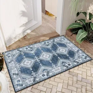 Boho Small Rug 2x3 Moroccan Diamond Medallion Area Rug for Kitchen Entryway Bohemian Farmhouse Rustic Geometric Door Mat Washable Rug for Bedroom Kitchen Backyard, Navy