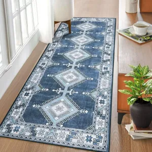 Washable Runner Rug 2x6 Bohemian Farmhouse Rustic Geometric Hallway Rug Low Pile Moroccan Diamond Indoor Carpet for Bathroom Kitchen Bedroom Bedside, Navy