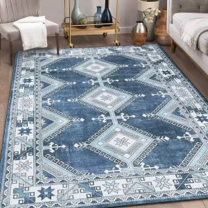 Washable Rug 5x7 Moroccan Rug Bohemian Farmhouse Rustic Indoor Floor Carpet Non-Slip Non Shedding Vintage Throw Carpet for Entryway Laundry Bedroom, Navy