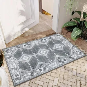 Boho Small Rug 2x3 Moroccan Diamond Medallion Area Rug for Kitchen Entryway Bohemian Farmhouse Rustic Geometric Door Mat Washable Rug for Bedroom Kitchen Backyard, Grey