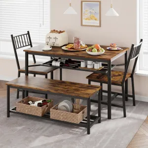 Dining Table Set for 4, Kitchen Table and Chairs for 4 with Wine Rack, Rectangular Dining Room Table Set with Bench, 4 Piece Dining Table Set for Small Space, Apartment, Brown