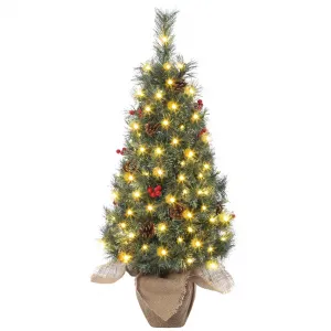 3ft Small Christmas Tree, Pre-lit Xmas Tree with Cloth Bag Base, Mini Christmas Tree with LED Lights, Artificial Christmas Tree with Pine Cones and Berries for Desk Decoration