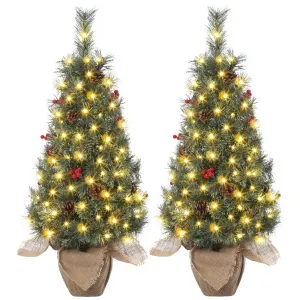 3ft Pre-Lit Artificial Small Christmas Tree with 78 Warm White Lights, Tabletop Mini Christmas Tree with a Burlap Base, Battery Operated and Timer Function, Christmas Decoration for Home, 2 PCS