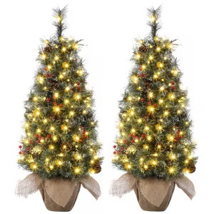 Pre-Lit Artificial Small Christmas Tree 3ft with 78 Warm White Lights, Tabletop Mini Christmas Tree with a Burlap Base, Battery Operated and Timer Function, Christmas Decoration for Home, 2 PCS