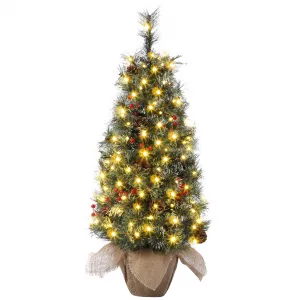 Pre-Lit Artificial Small Christmas Tree 3ft with 78 Warm White Lights, Tabletop Mini Christmas Tree with a Burlap Base, Battery Operated and Timer Function, Christmas Decoration for Home