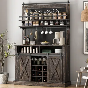 Coffee Bar Cabinet Oak Farmhouse Style with Sliding Barn Door, Blackboard, Ample Storage, MDF Wood, Dining Room